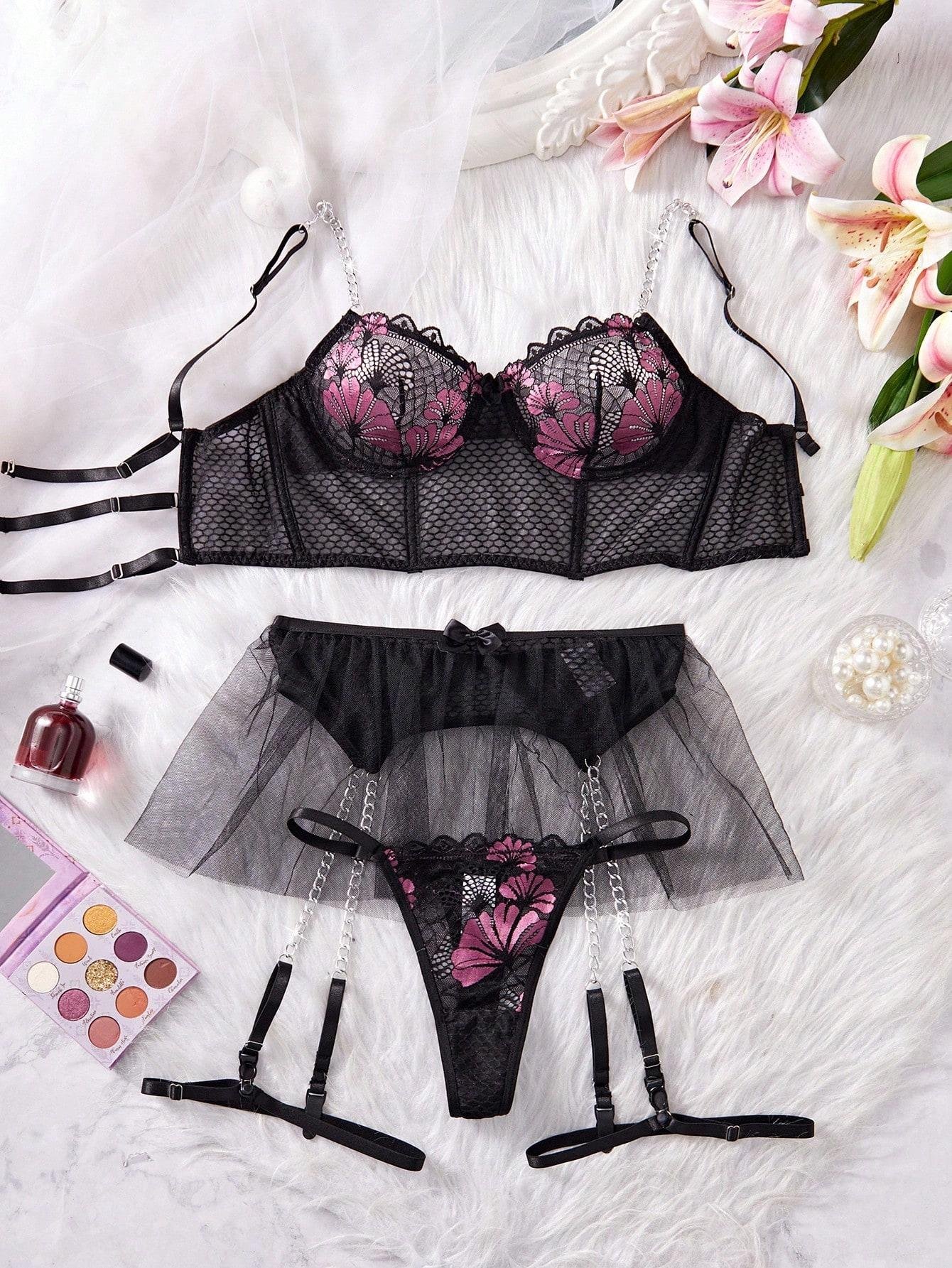 5pcs Floral Lace Lingerie Set - Image 3